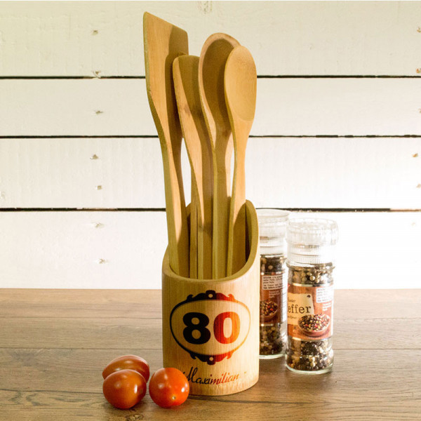 Küchenhelfer Set aus Holz mit Wunschmotiv zum 80.