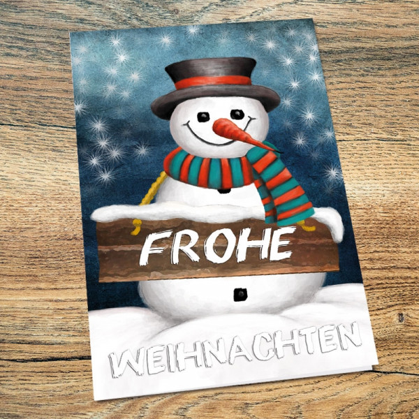 Weihnachtskarte mit Schneemann passend zu einem von Ihnen ausgewählten Geschenk